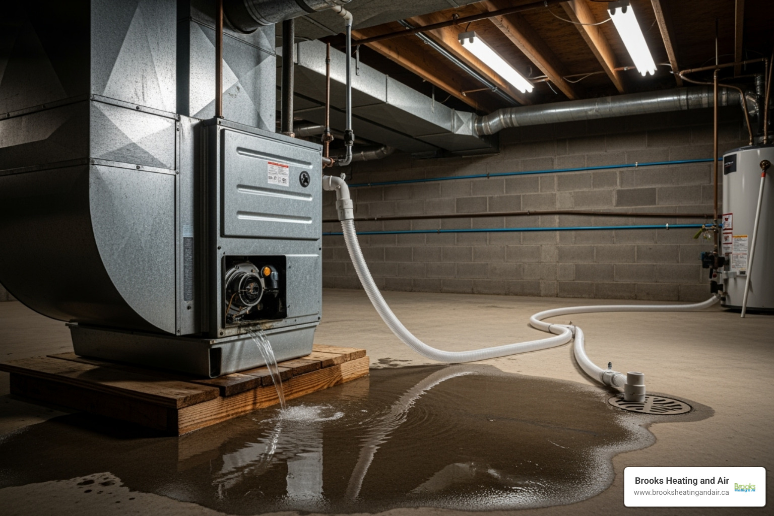 An AC unit leaking water onto the floor, indicating a common repair issue - AC repair Acton