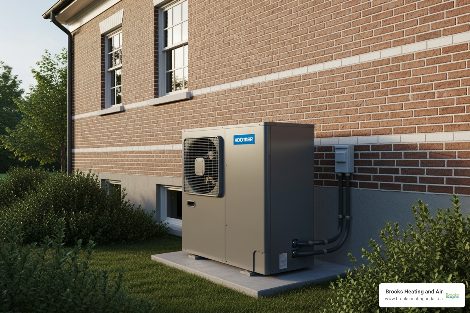 modern, high-efficiency heat pump installed on the side of a brick home - HVAC service Halton Hills