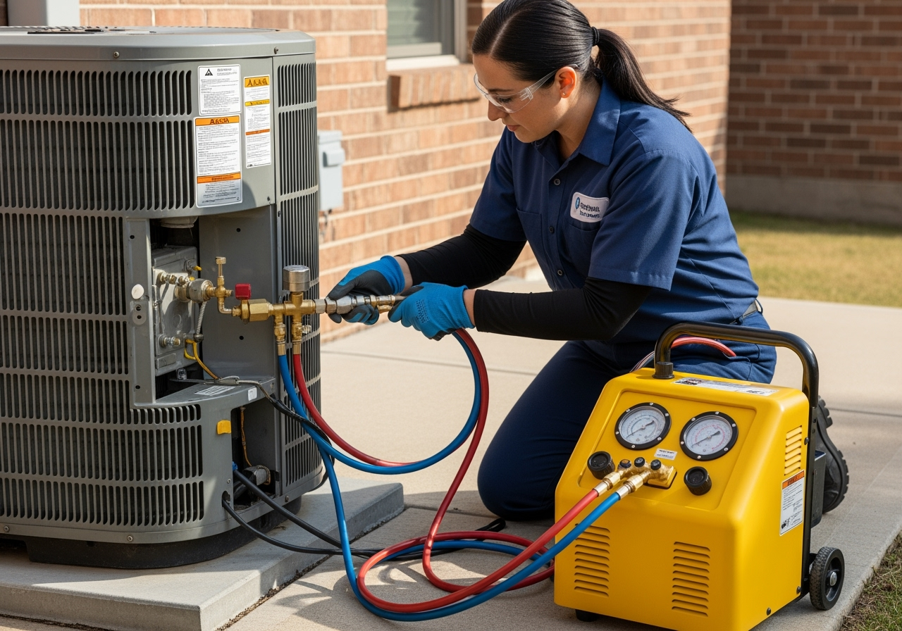 Image of a certified technician safely recovering refrigerant from an AC unit - Milton air conditioner