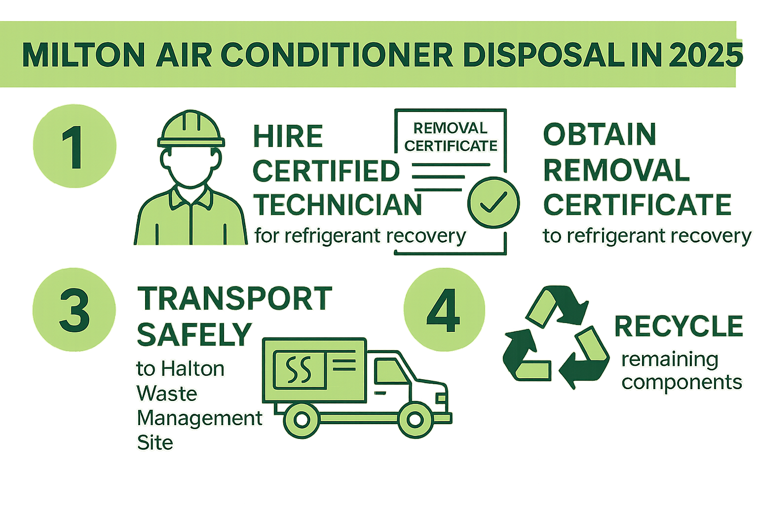 Infographic showing the 4 essential steps for responsible AC disposal in Milton: Step 1 - Hire certified technician for refrigerant recovery, Step 2 - Obtain removal certificate, Step 3 - Transport safely to Halton Waste Management Site, Step 4 - Recycle remaining components - Milton air conditioner infographic 