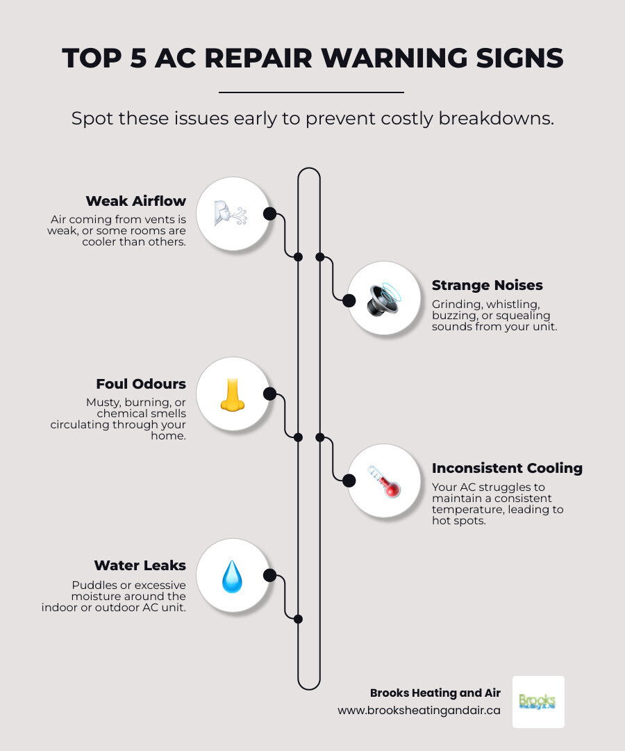 Infographic showing the top 5 warning signs that an air conditioner needs repair: weak airflow from vents, strange grinding or whistling noises, foul odors through vents, inconsistent room temperatures, and water leaking around the unit - Air conditioner repair Milton infographic infographic-line-5-steps-neat_beige