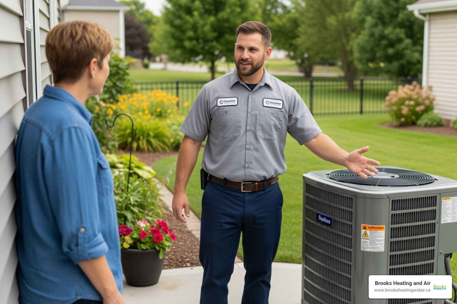 Homeowner discussing a new AC unit with a professional technician - AC condenser unit