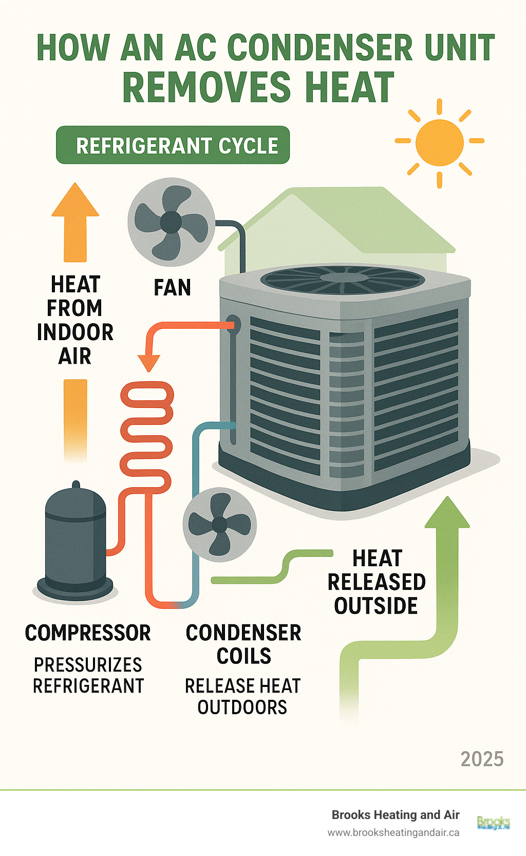 Detailed infographic showing how an AC condenser unit removes heat from indoor air through the refrigerant cycle, including the compressor pressurizing refrigerant, condenser coils releasing heat outdoors, and the fan circulating air over the coils - AC condenser unit infographic 