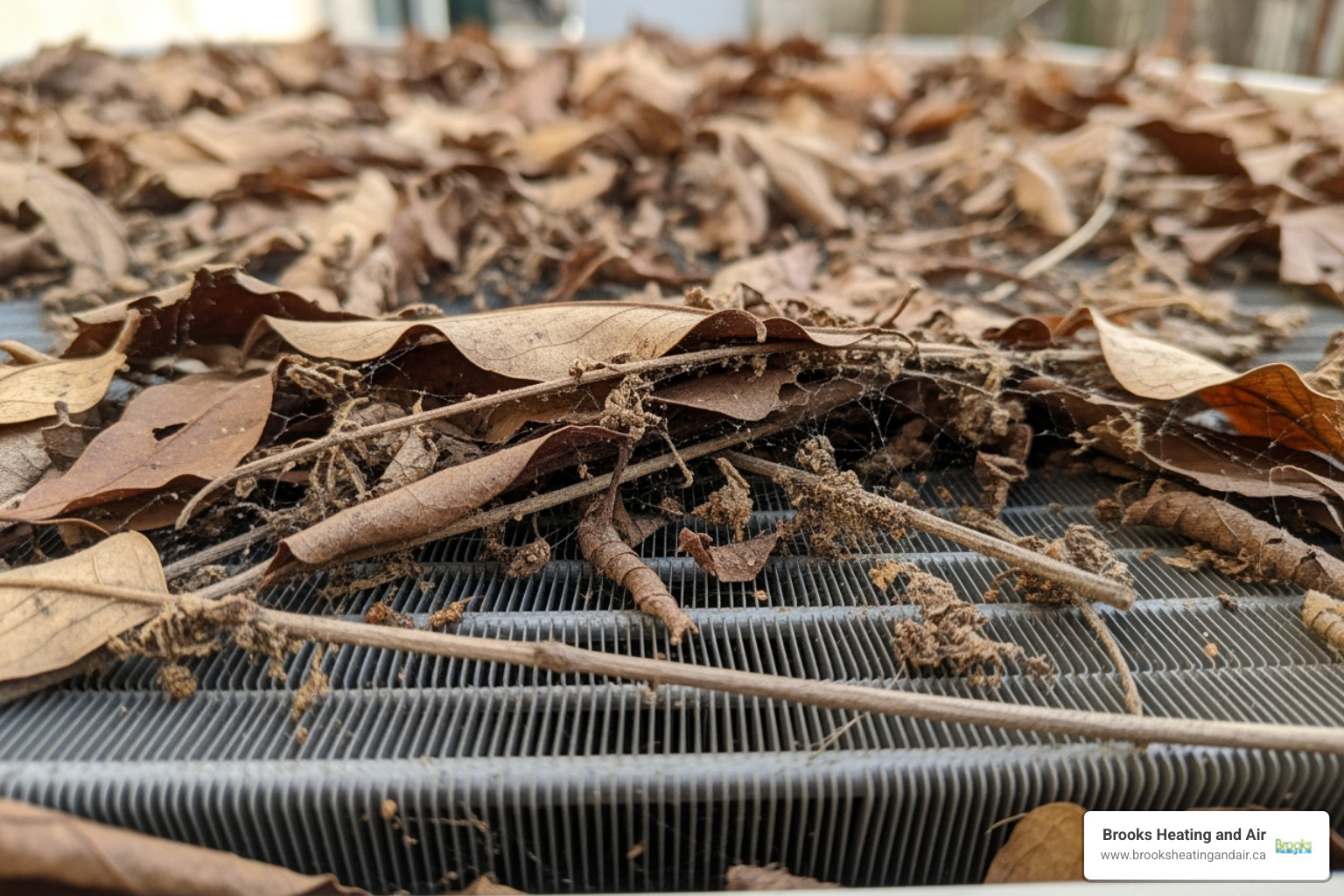 Dirty condenser coils covered in leaves and debris - AC condenser unit