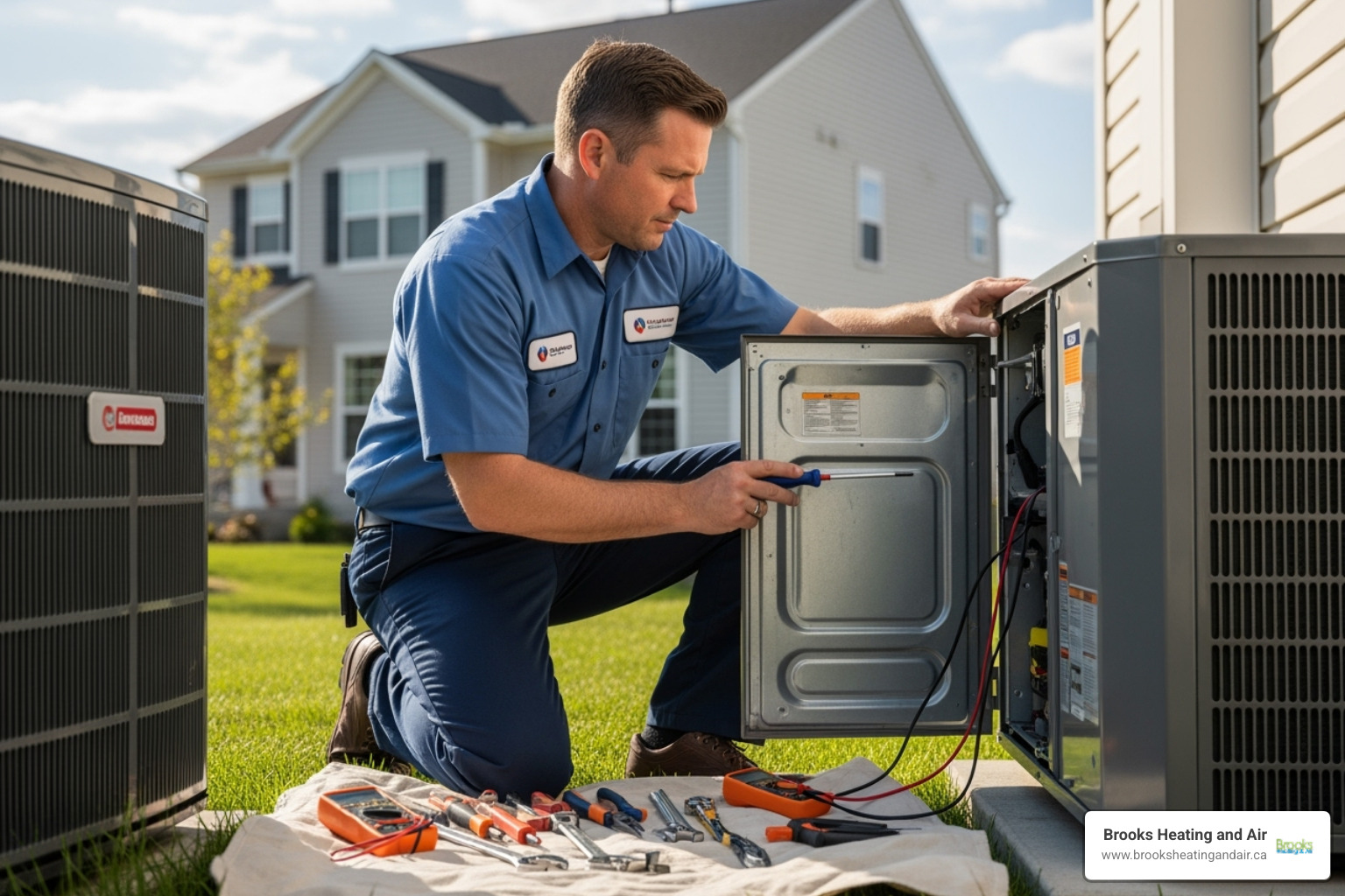 technician performing annual maintenance on an AC unit - ac installation milton