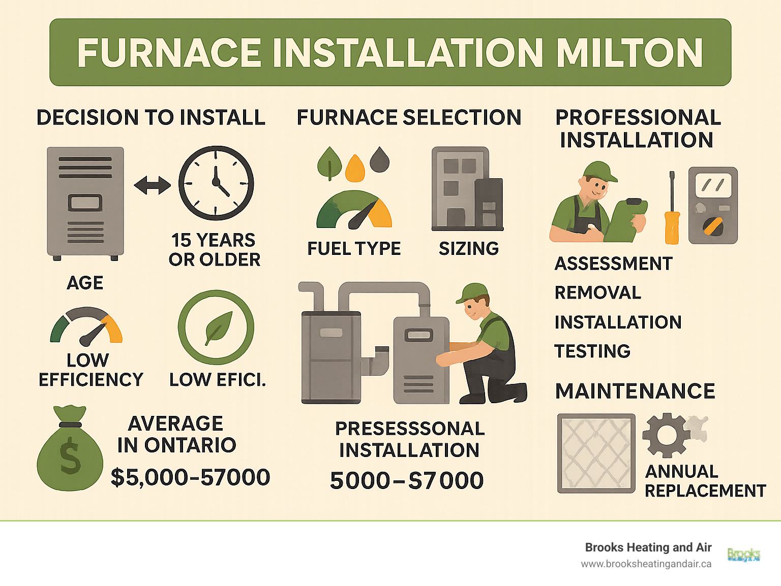 Comprehensive infographic showing the complete furnace installation journey in Milton, including decision factors like furnace age and efficiency, selection criteria such as fuel type and sizing, professional installation steps from assessment to testing, cost breakdown with average Ontario pricing, and maintenance schedule for optimal performance - furnace installation milton infographic 