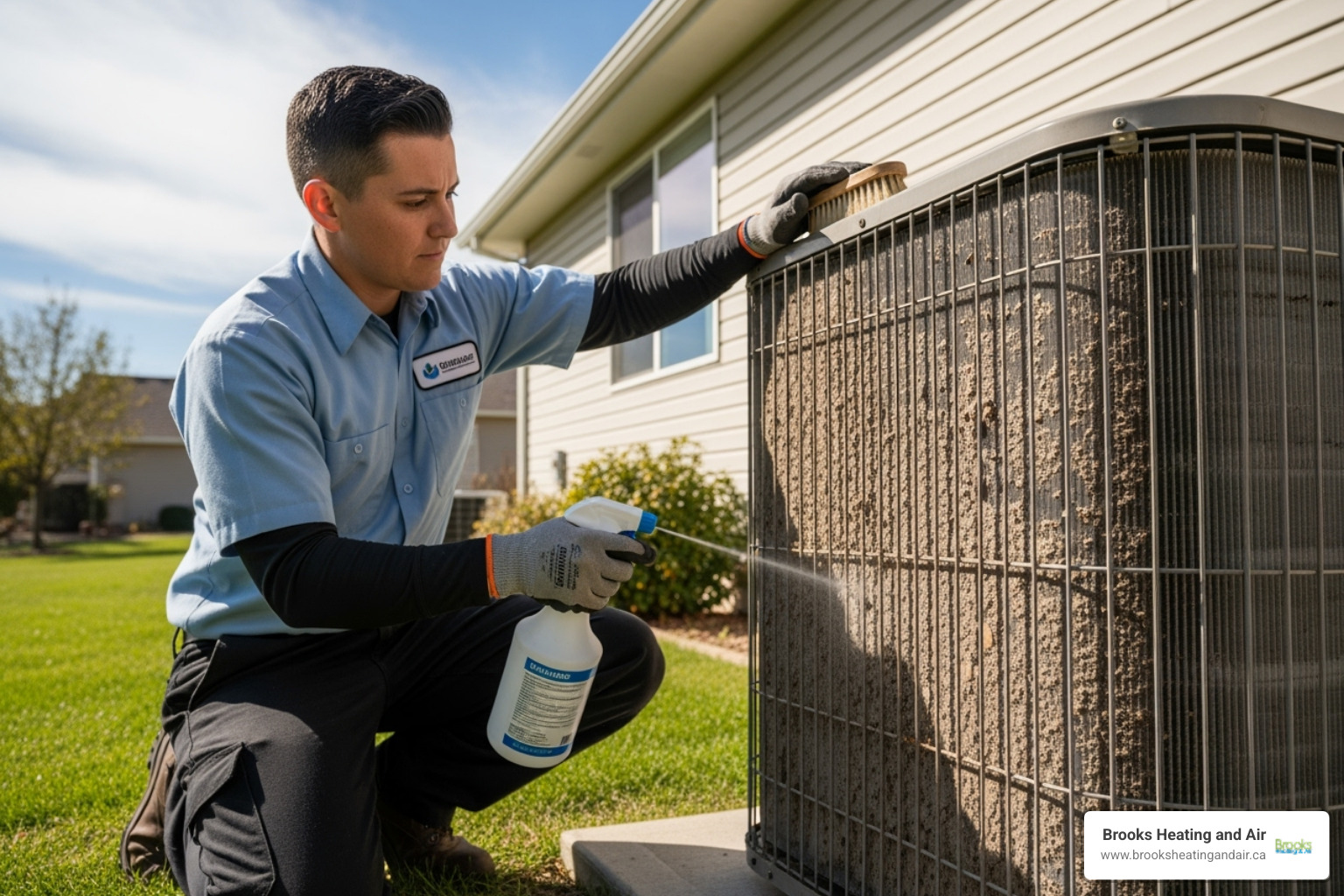 Image of a technician cleaning outdoor unit coils - heat pump repair Brampton