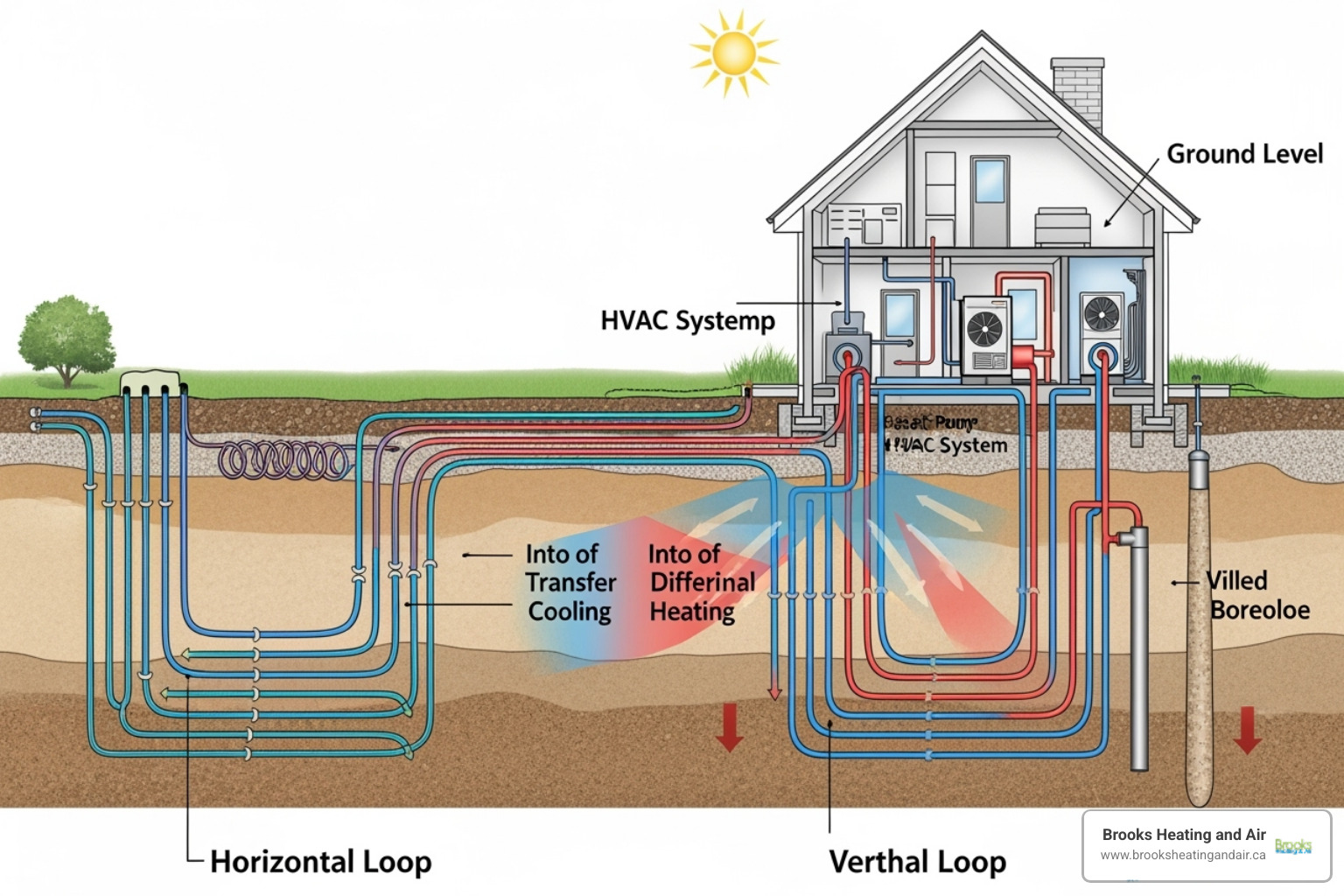 Diagram showing both horizontal and vertical geothermal ground loops connected to a house - geothermal hvac service georgetown Diagram showing both horizontal and vertical geothermal ground loops connected to a house - geothermal hvac service georgetown