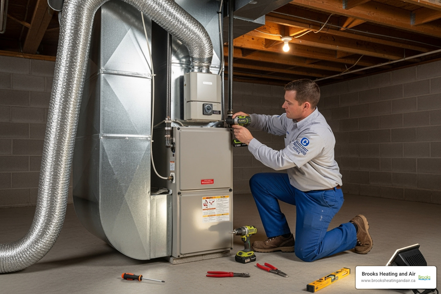 Technician professionally installing a humidifier on a furnace duct - humidifier installation georgetown on Technician professionally installing a humidifier on a furnace duct - humidifier installation georgetown on