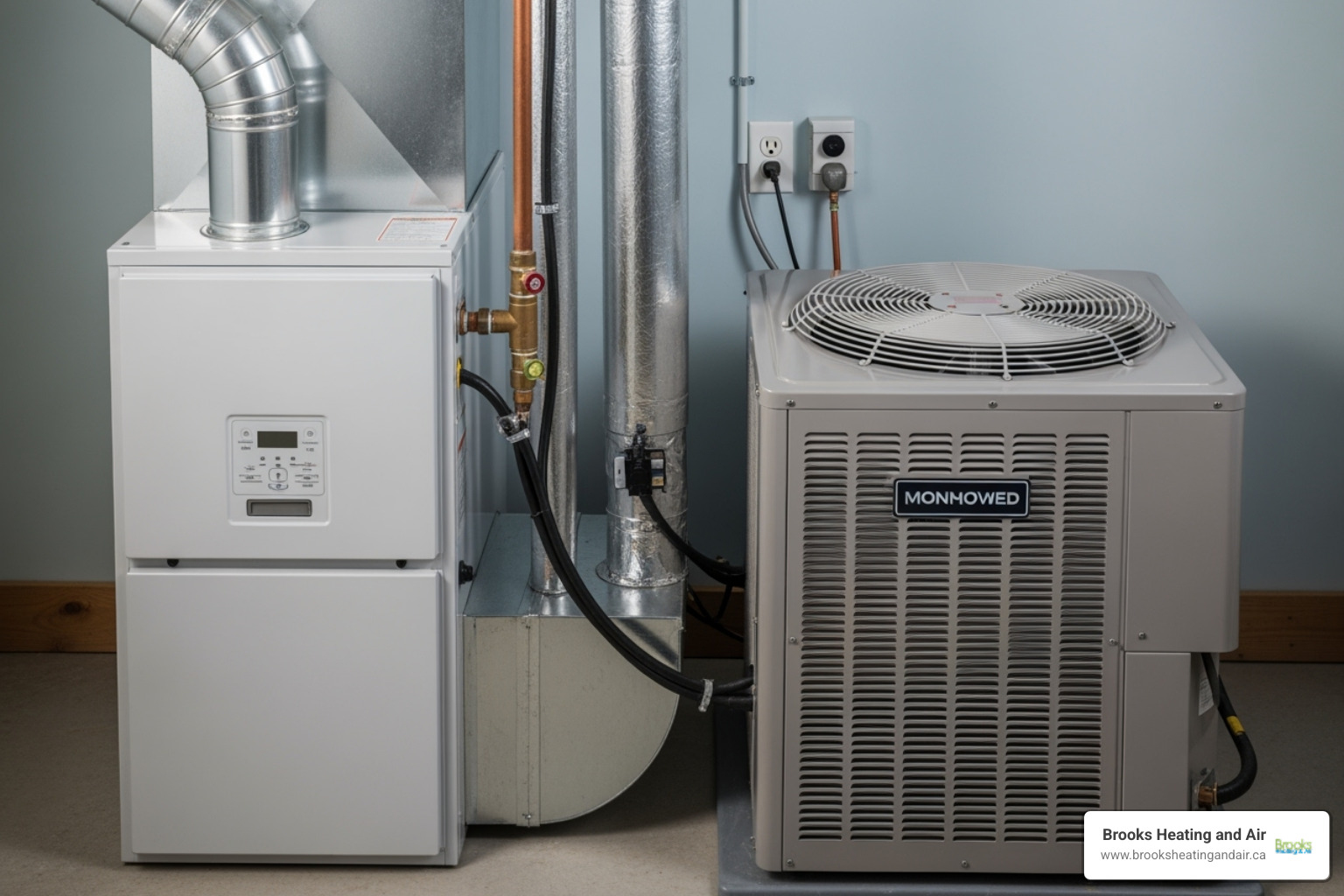 A clean, modern furnace and air conditioner unit side-by-side - climatecare hvac ontario A clean, modern furnace and air conditioner unit side-by-side - climatecare hvac ontario