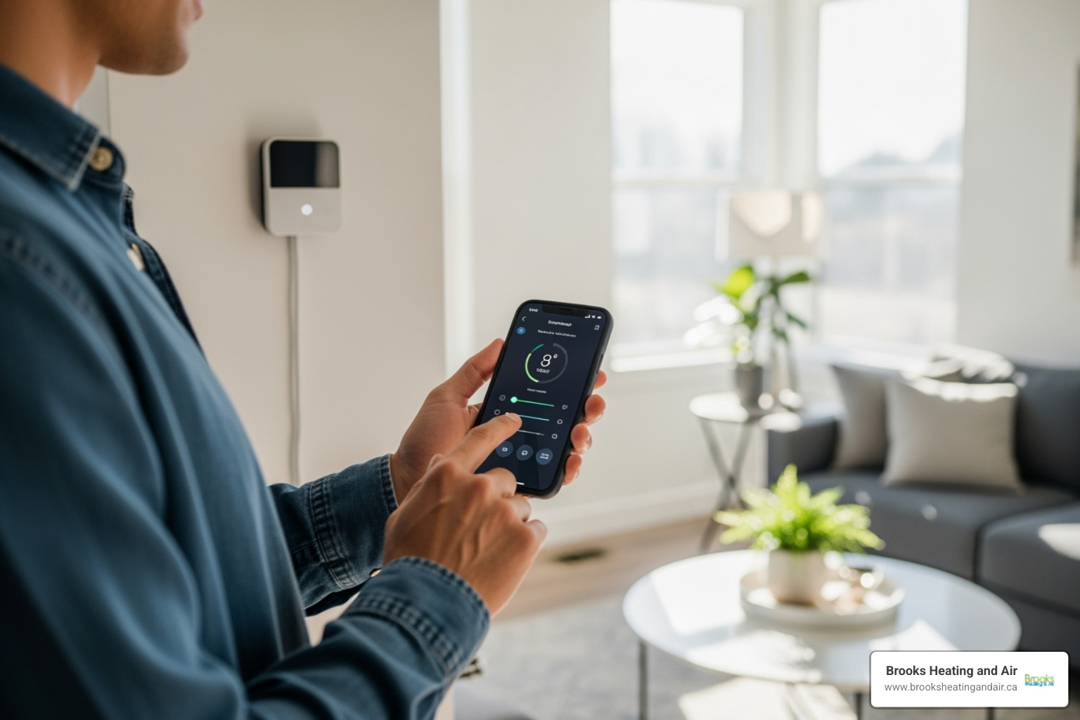 A homeowner adjusting a smart thermostat on their phone - climatecare hvac ontario A homeowner adjusting a smart thermostat on their phone - climatecare hvac ontario