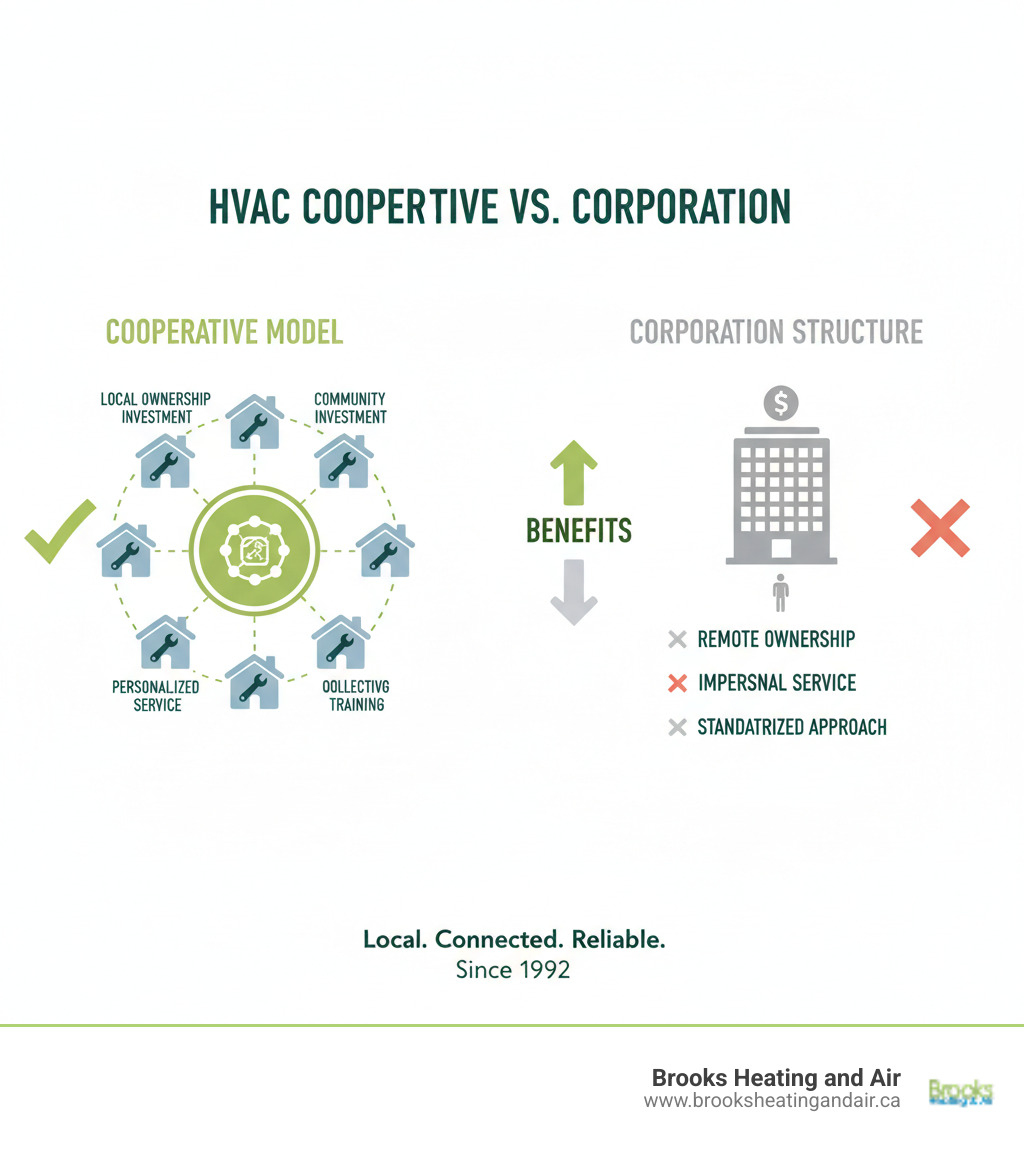 Detailed infographic showing ClimateCare cooperative model with local member businesses connected to central support network, contrasting with single large corporation structure, highlighting benefits like local ownership, community investment, collective buying power, and personalized service - climatecare hvac ontario infographic Detailed infographic showing ClimateCare cooperative model with local member businesses connected to central support network, contrasting with single large corporation structure, highlighting benefits like local ownership, community investment, collective buying power, and personalized service - climatecare hvac ontario infographic