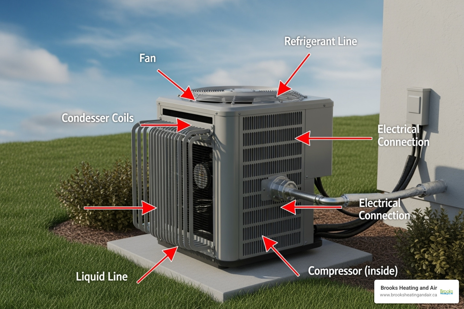 outdoor central air conditioner unit with arrows pointing to key components - central air repair acton