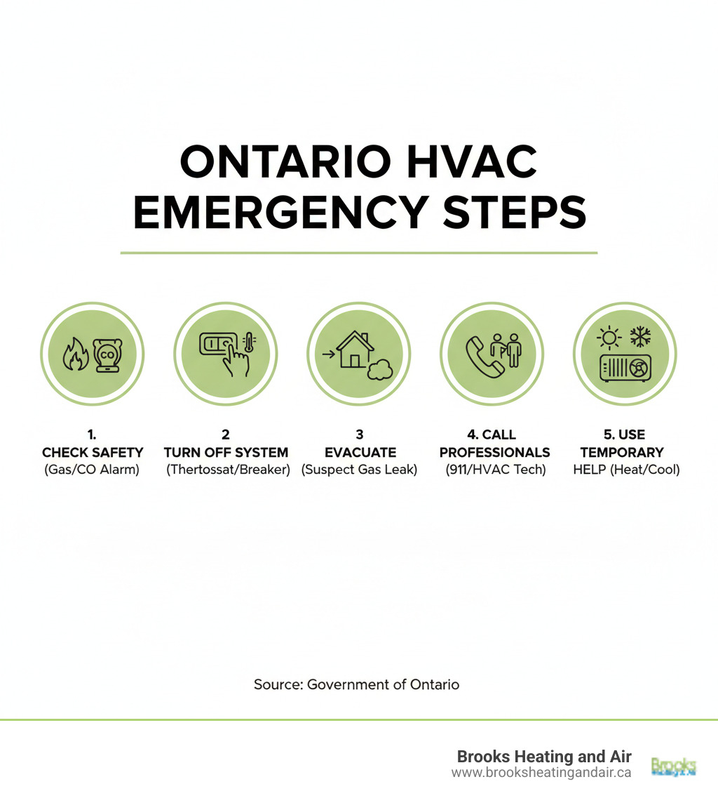 Infographic showing Ontario HVAC emergency response steps: 1. Check for immediate safety hazards like gas smells or CO alarms, 2. Turn off HVAC system at thermostat and breaker, 3. Evacuate if gas leak suspected, 4. Call emergency services for safety issues or licensed HVAC contractor for system problems, 5. Use temporary heating/cooling methods while waiting for professional help - emergency hvac service ontario infographic Infographic showing Ontario HVAC emergency response steps: 1. Check for immediate safety hazards like gas smells or CO alarms, 2. Turn off HVAC system at thermostat and breaker, 3. Evacuate if gas leak suspected, 4. Call emergency services for safety issues or licensed HVAC contractor for system problems, 5. Use temporary heating/cooling methods while waiting for professional help - emergency hvac service ontario infographic