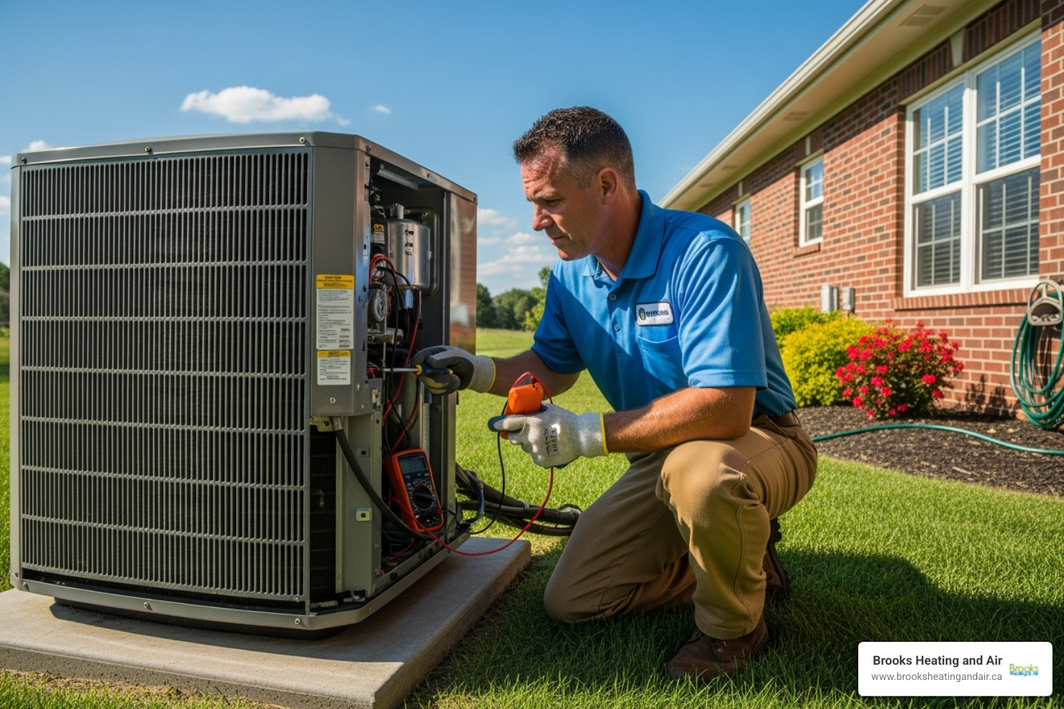 technician inspecting an AC unit on a hot day - emergency hvac service ontario technician inspecting an AC unit on a hot day - emergency hvac service ontario