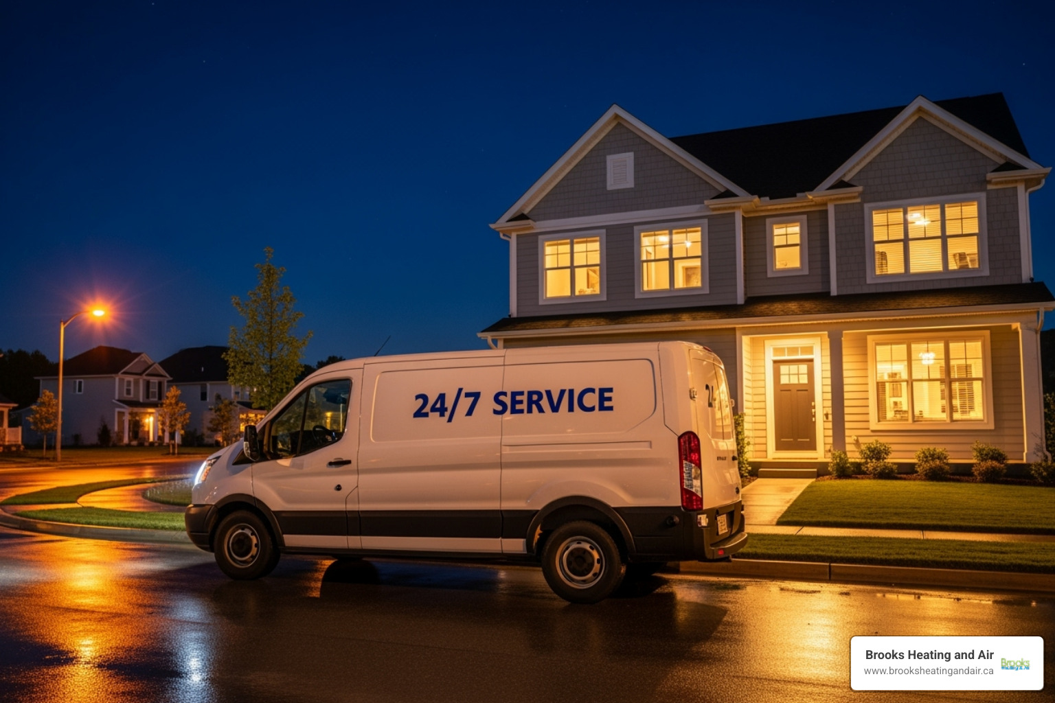 service van with "24/7 Service" written on the side arriving at a home at night - emergency hvac service ontario service van with "24/7 Service" written on the side arriving at a home at night - emergency hvac service ontario
