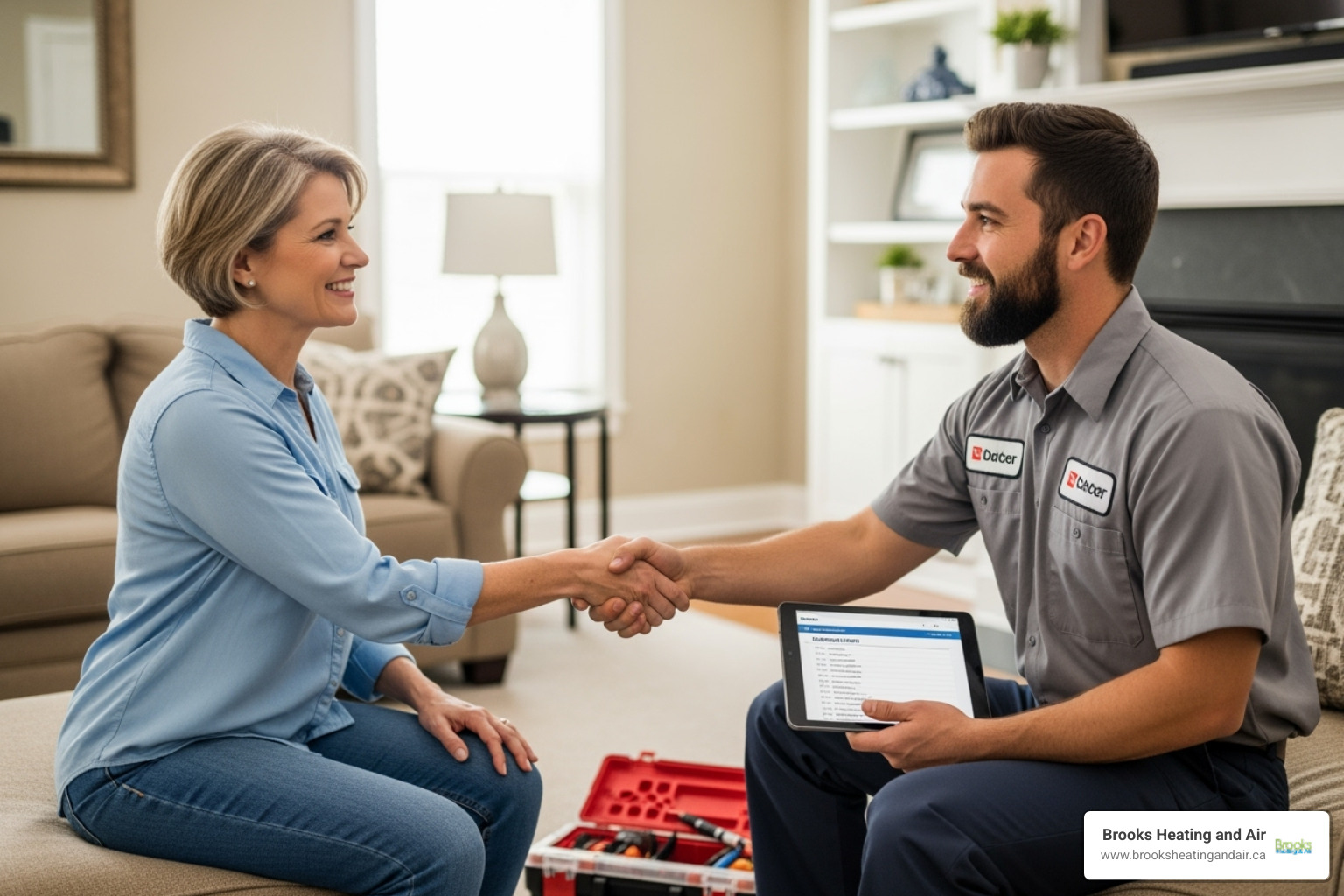 homeowner shaking hands with a friendly, professional HVAC technician - emergency hvac service ontario homeowner shaking hands with a friendly, professional HVAC technician - emergency hvac service ontario