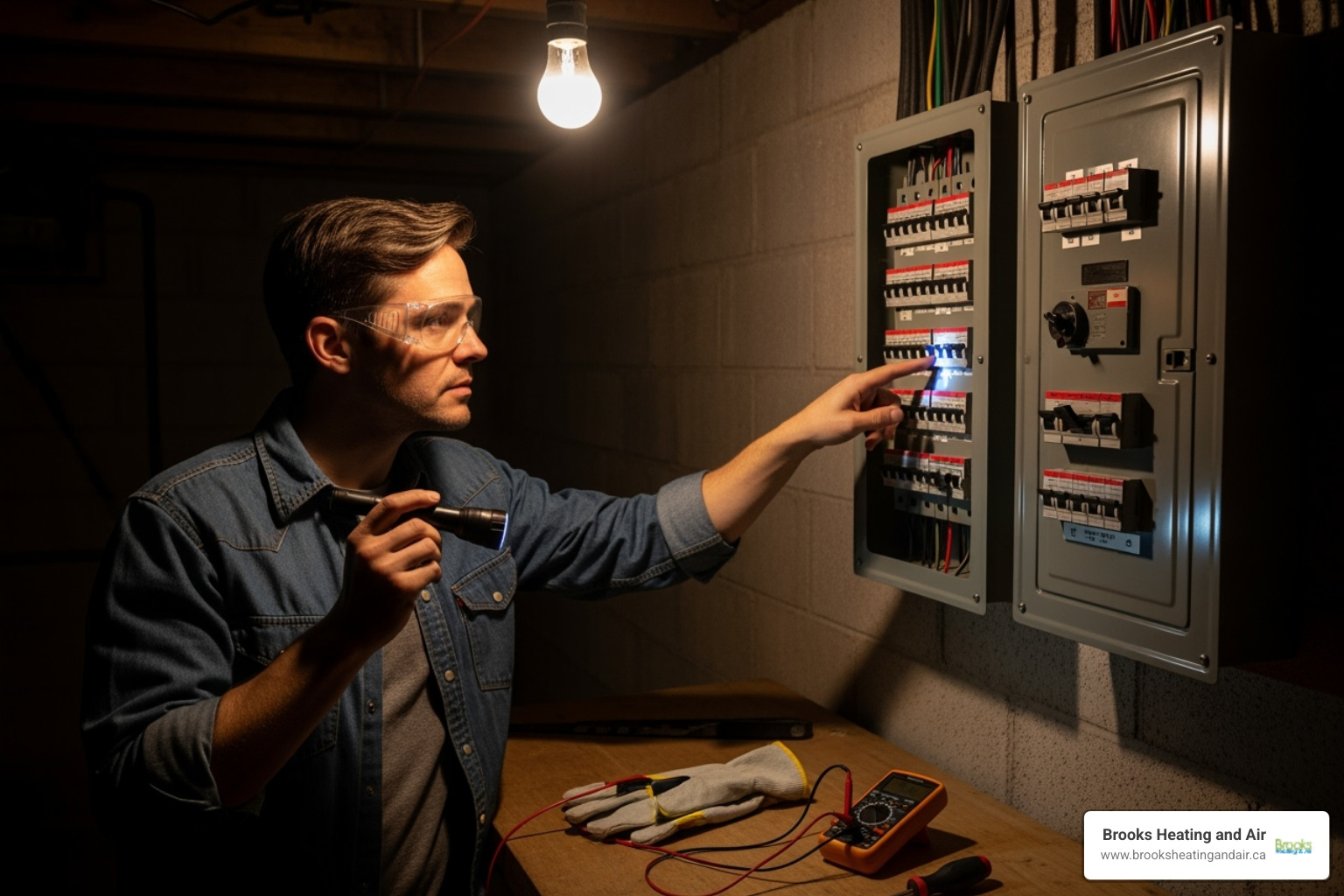 a homeowner safely checking a circuit breaker panel - 24/7 heating repair acton a homeowner safely checking a circuit breaker panel - 24/7 heating repair acton