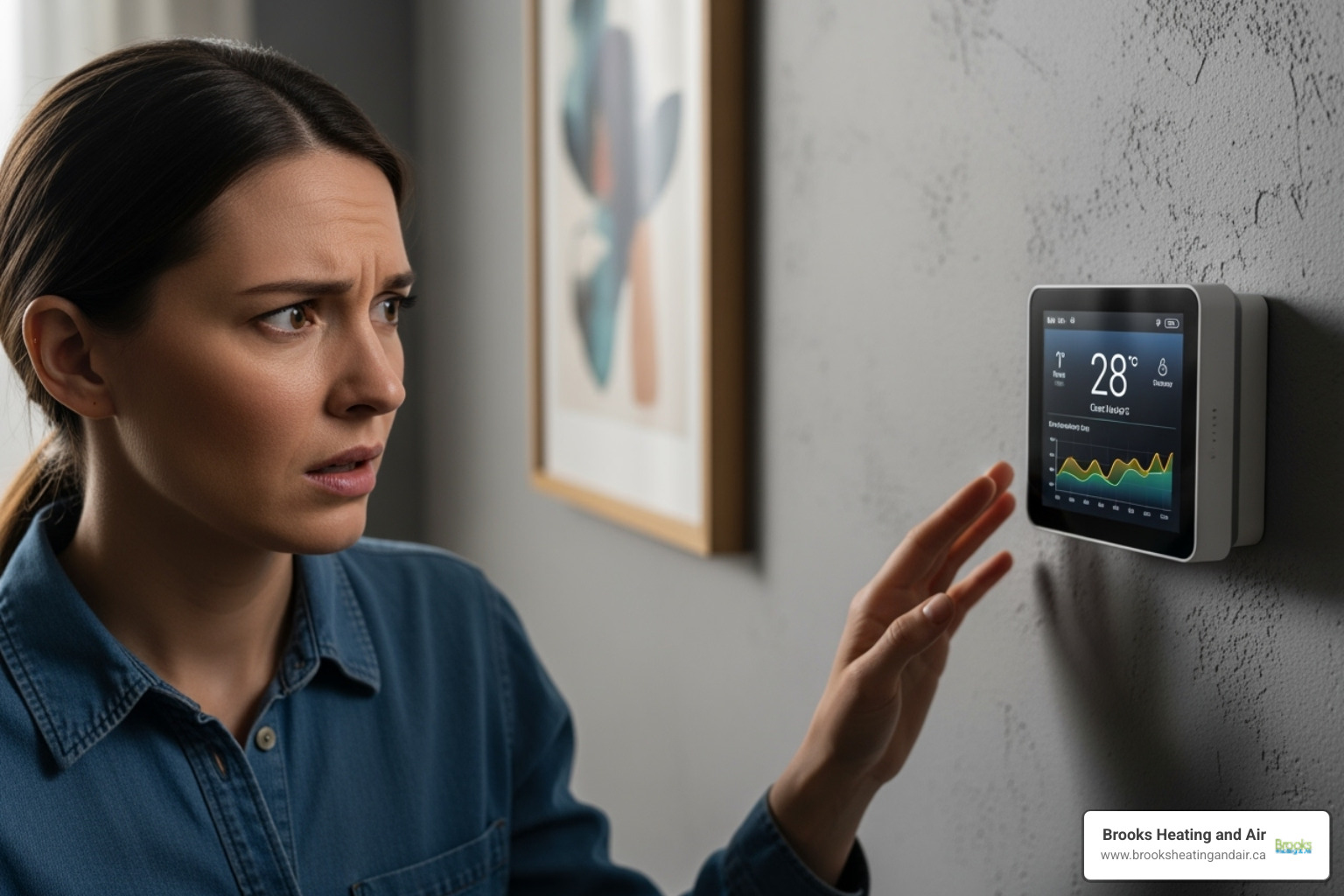 Person looking concerned at thermostat - air conditioner repair milton Person looking concerned at thermostat - air conditioner repair milton