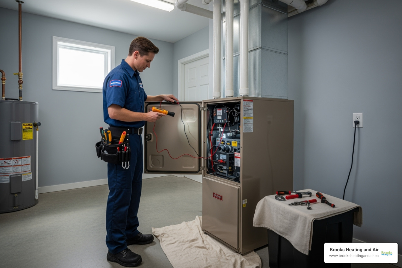 image of a technician performing preventative maintenance on a clean heating unit - emergency heating repair georgetown