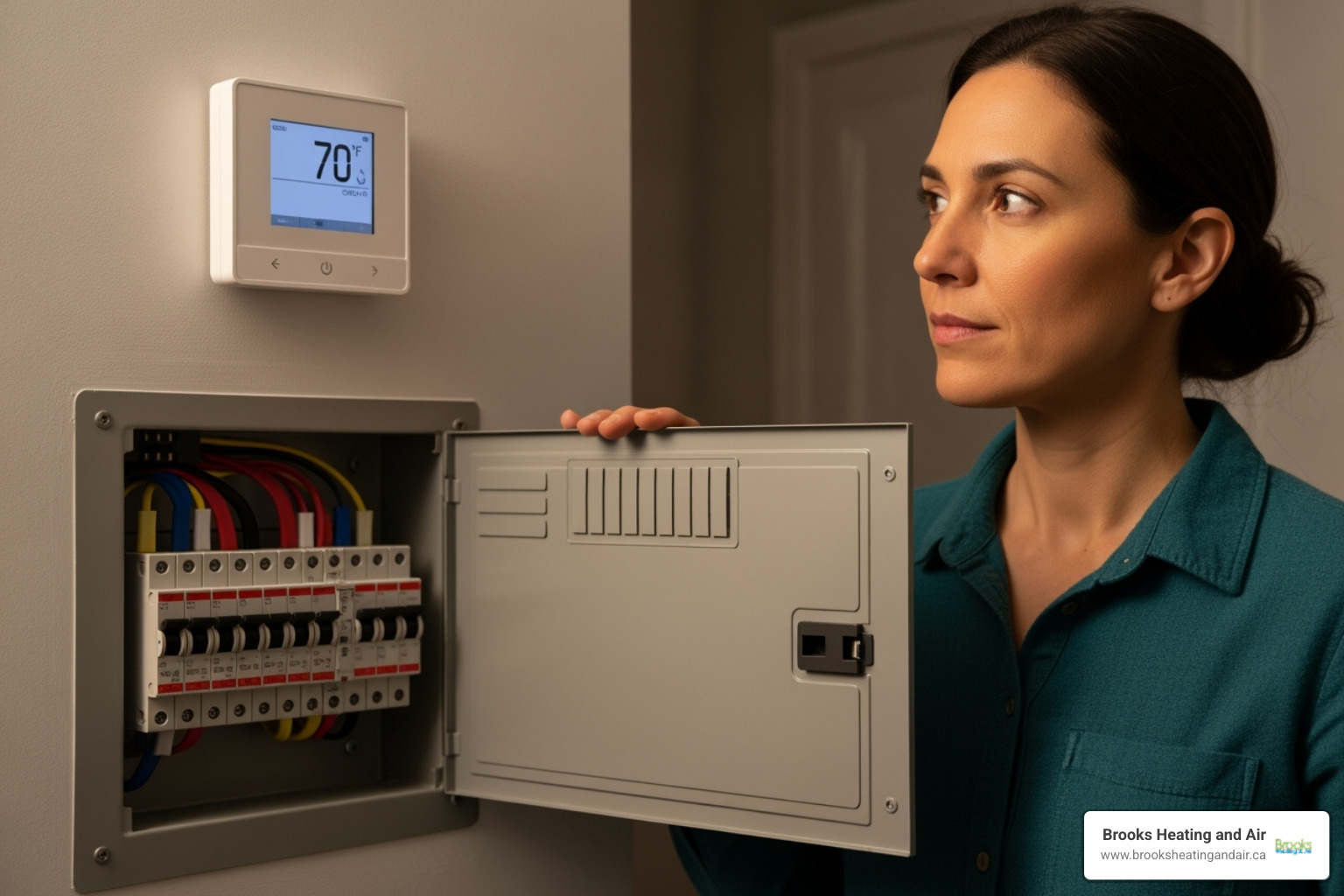 image of a person checking a thermostat and a circuit breaker panel - emergency heating repair georgetown