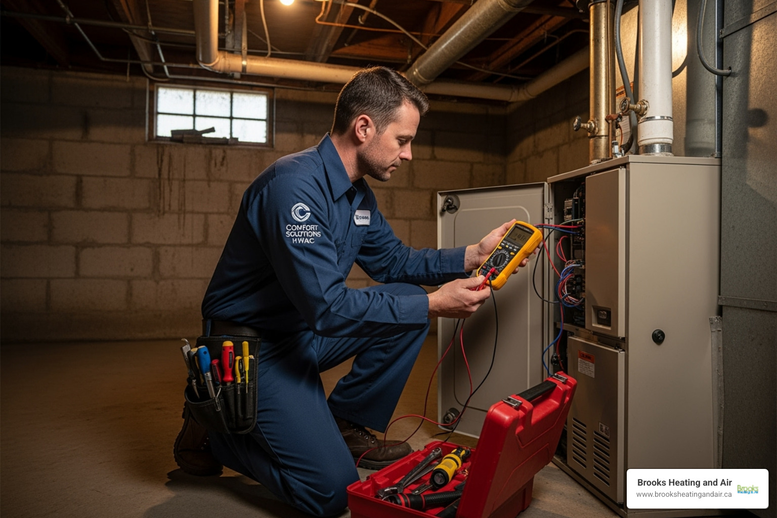 image of a professional technician diagnosing a furnace issue - emergency heating repair georgetown