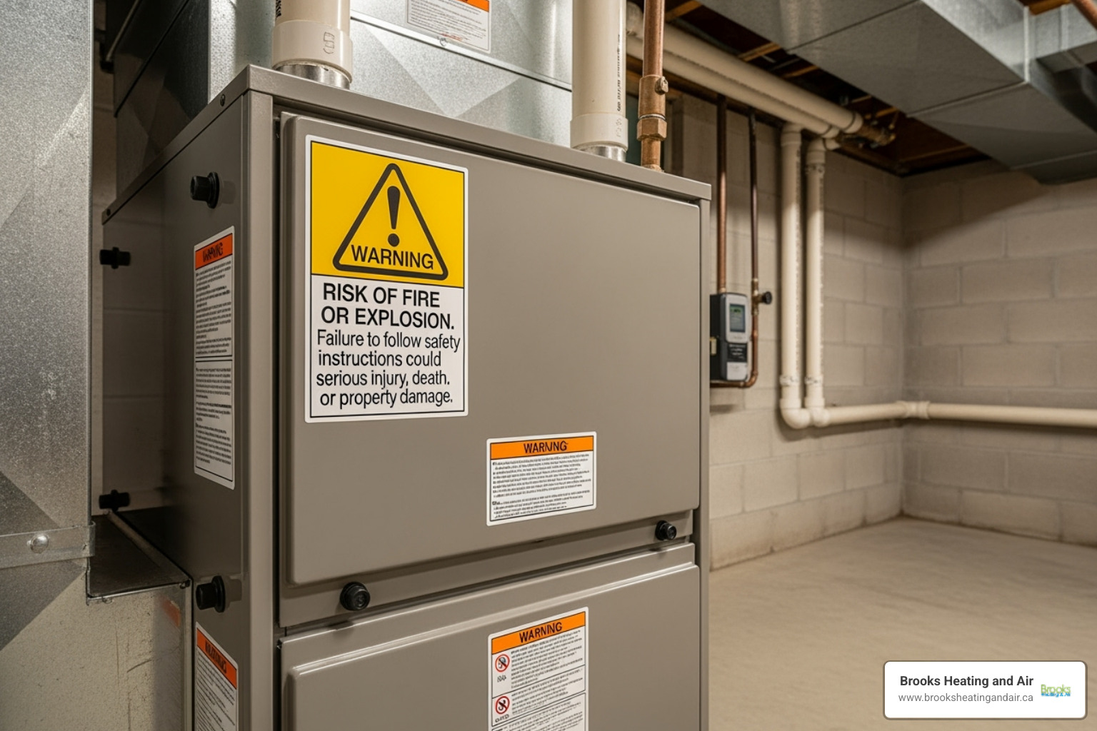 image of a furnace with a prominent warning symbol - emergency heating repair georgetown