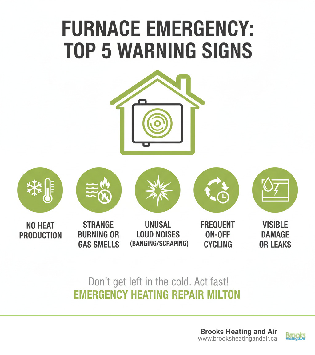 Infographic showing the top 5 signs your furnace needs emergency repair: no heat production, strange burning or gas smells, unusual loud noises like banging or scraping, frequent on-off cycling, and visible signs of damage or leaks around the unit - emergency heating repair milton infographic 