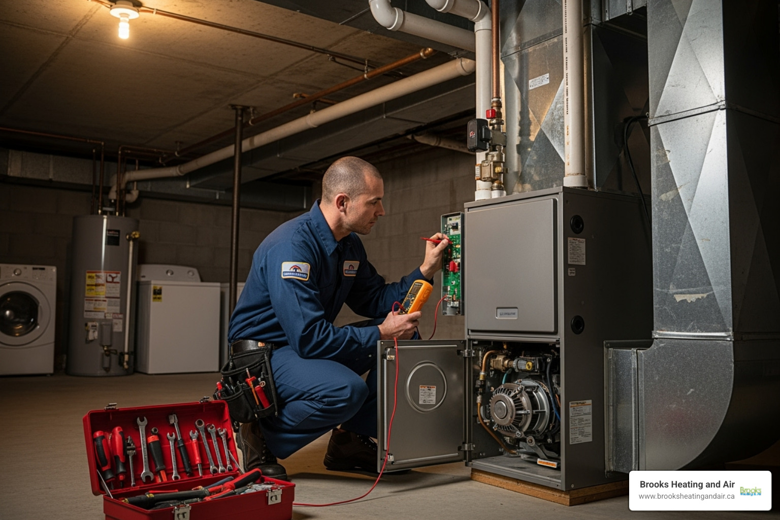 A professional HVAC technician diagnosing a furnace - emergency heating repair milton