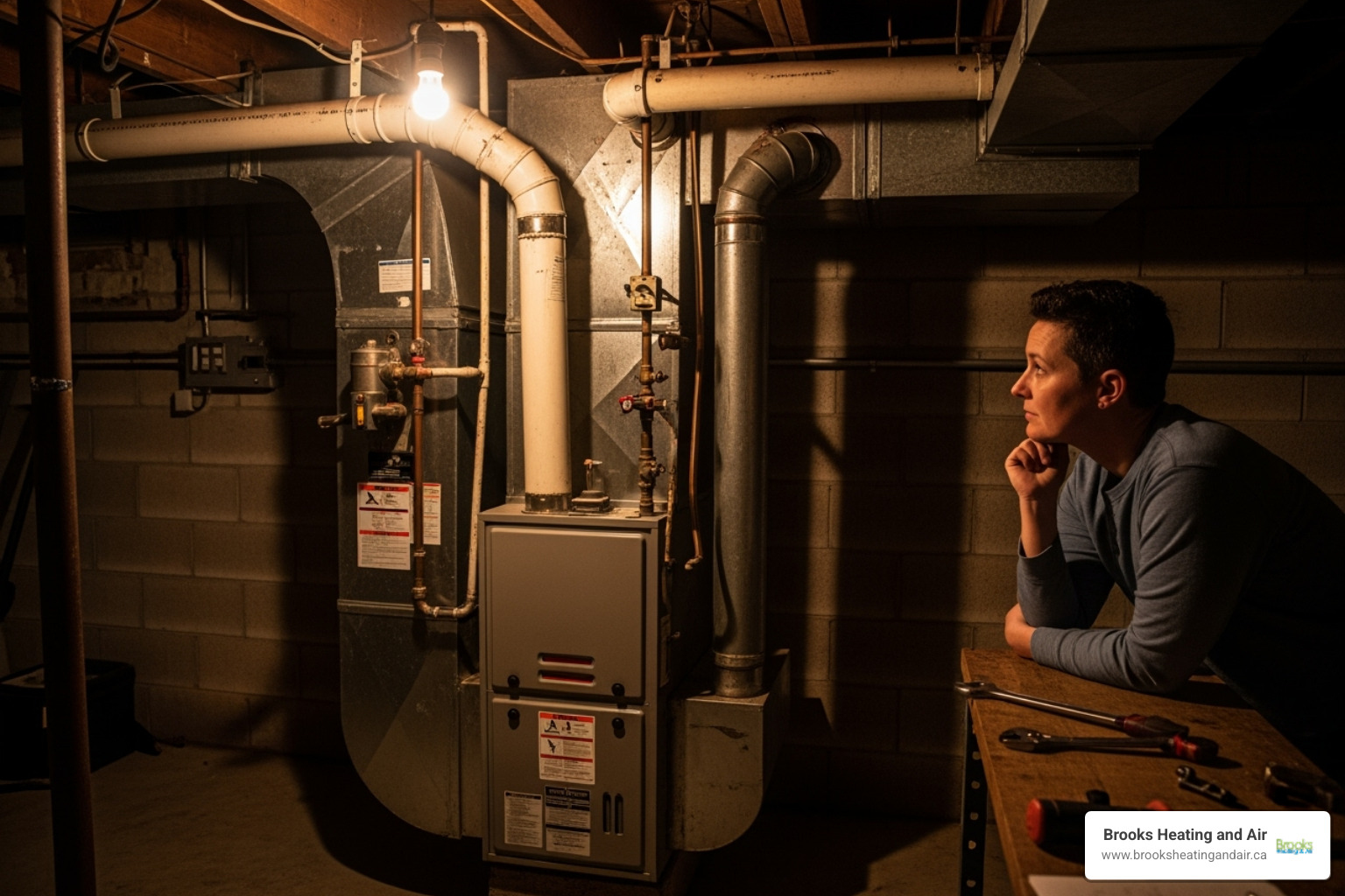 a person looking thoughtfully at their furnace - hvac financing ontario