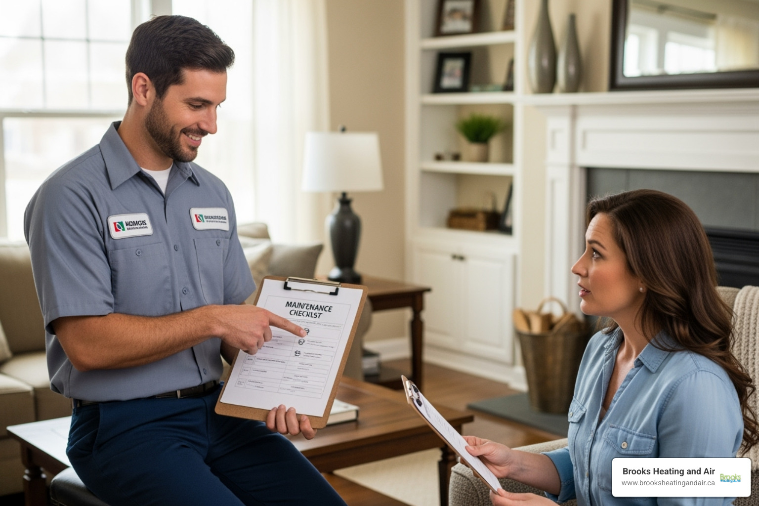 Technician explaining a detailed maintenance checklist to a homeowner - hvac maintenance plan ontario