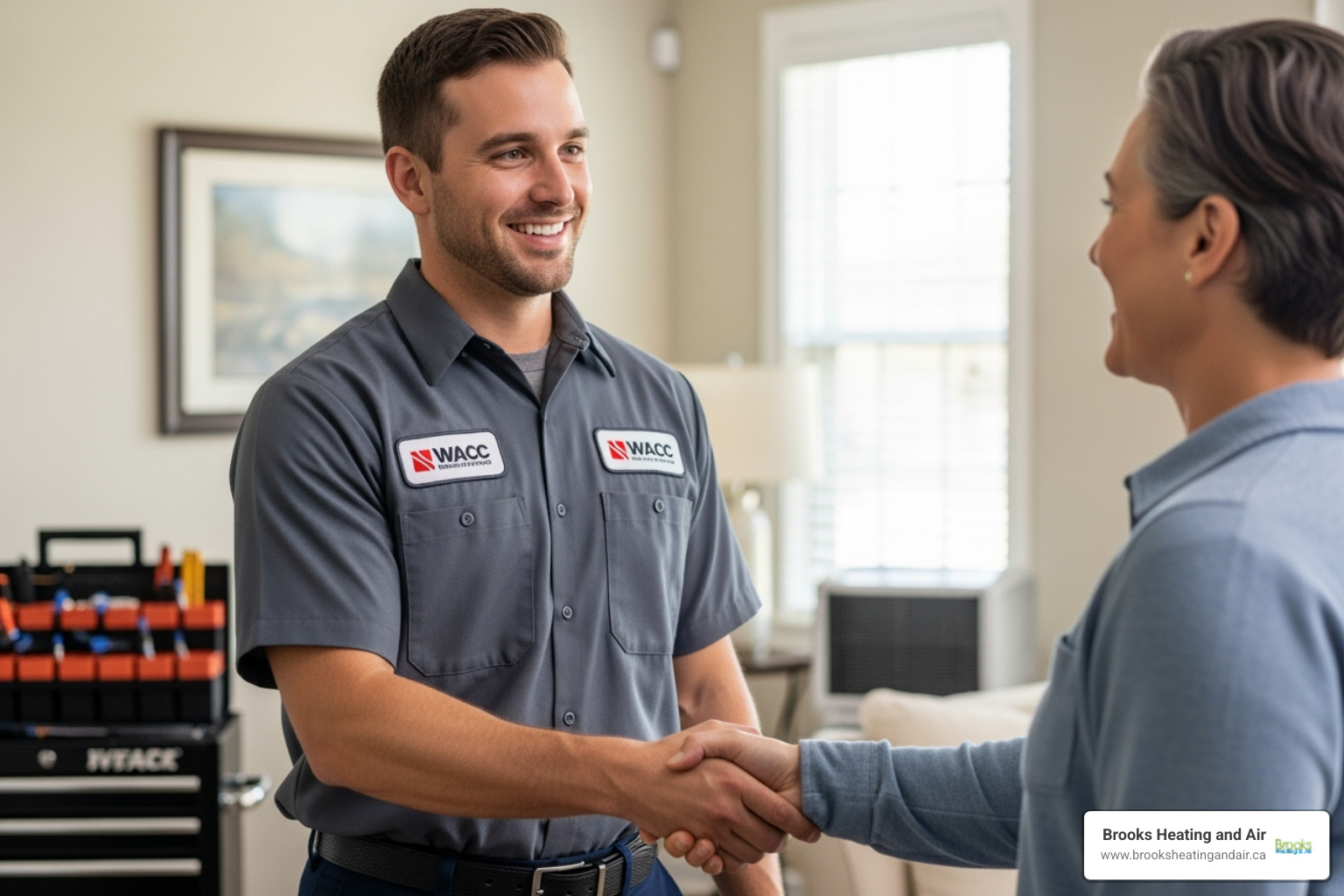 Friendly technician shaking hands with homeowner - hvac company acton on