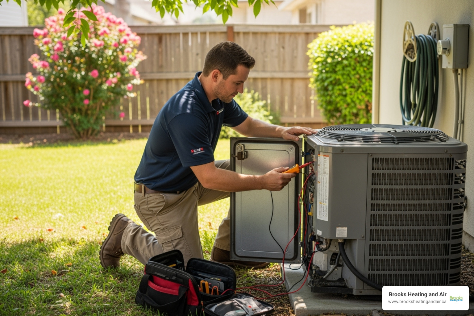 Technician performing maintenance check on outdoor AC unit - hvac company acton on