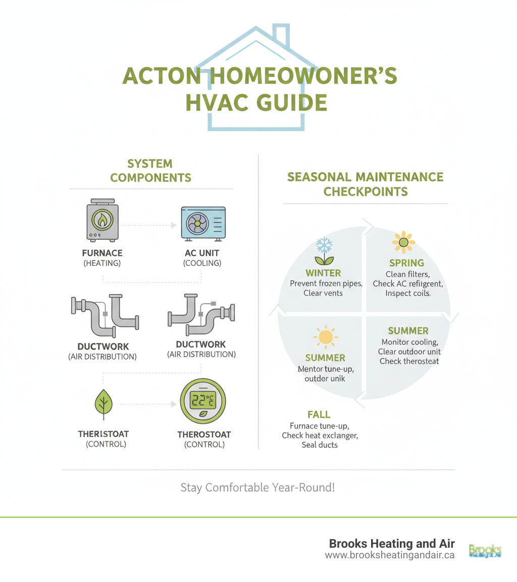 Comprehensive guide showing HVAC system components including furnace, air conditioning unit, ductwork, thermostat, and maintenance schedule with seasonal checkpoints for Acton homeowners - hvac company acton on infographic 