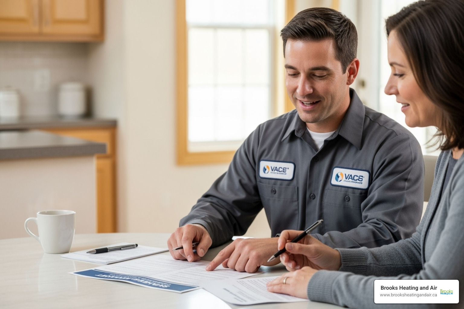 a homeowner reviewing a service agreement with a friendly technician - hvac satisfaction guarantee ontario