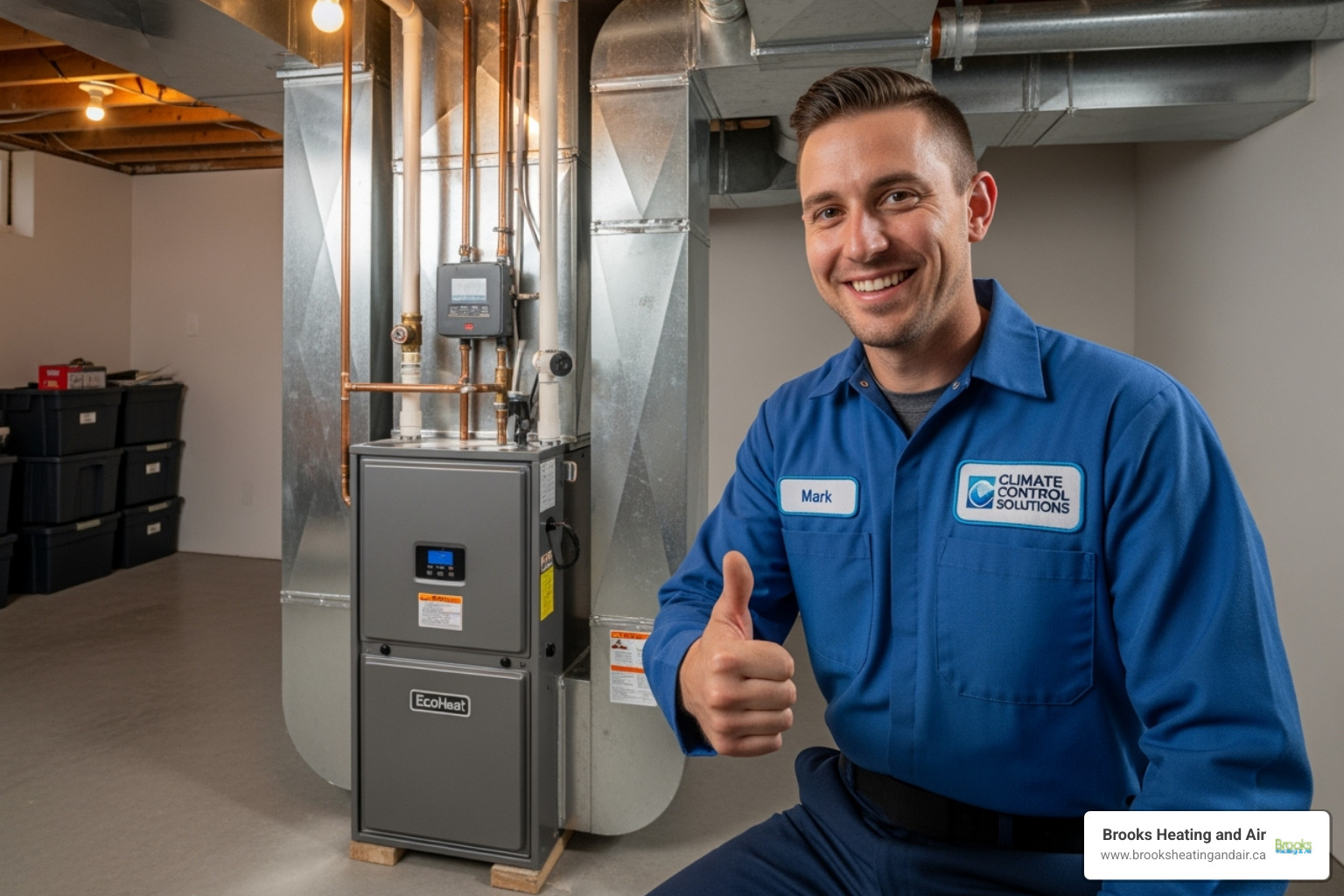 an HVAC technician giving a thumbs-up next to a newly installed furnace - hvac satisfaction guarantee ontario