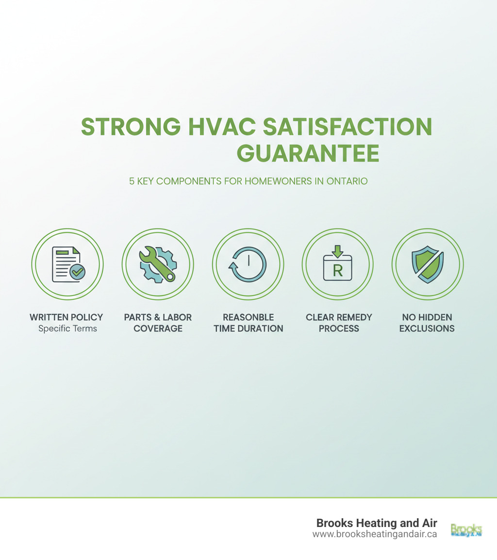 Infographic showing the five key components of a strong HVAC satisfaction guarantee: written policy with specific terms, coverage of parts and labor, reasonable time duration, clear remedy process, and no hidden exclusions - hvac satisfaction guarantee ontario infographic 