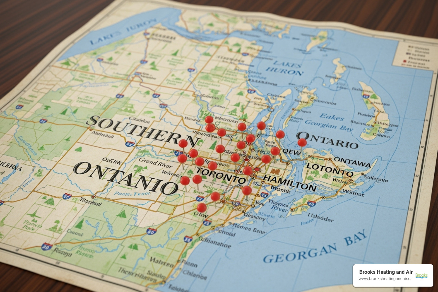 A map of Southern Ontario with location pins - carrier hvac dealer ontario