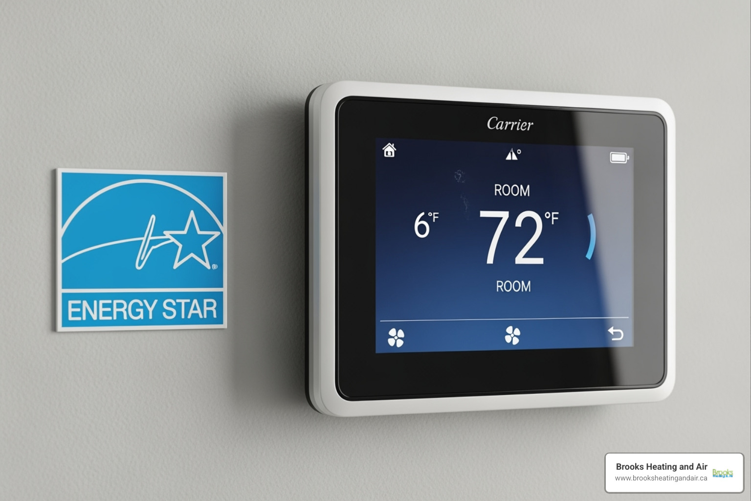 ENERGY STAR logo next to a modern Carrier thermostat - carrier hvac dealer ontario