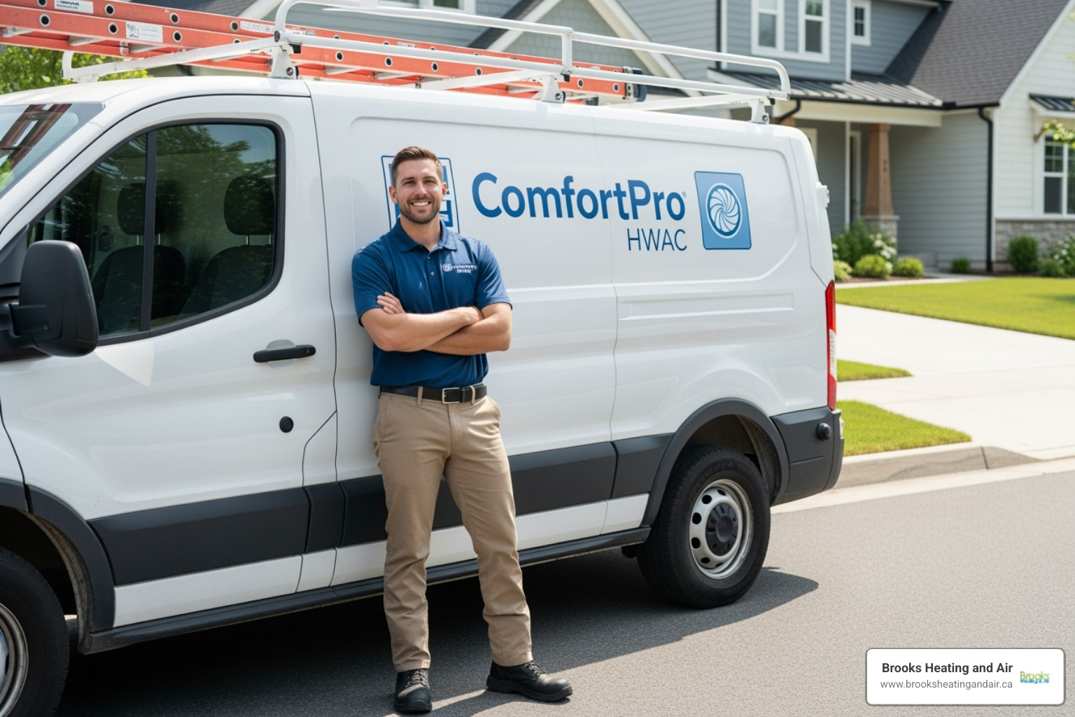 A friendly, professional HVAC technician with a van - air conditioner installation acton