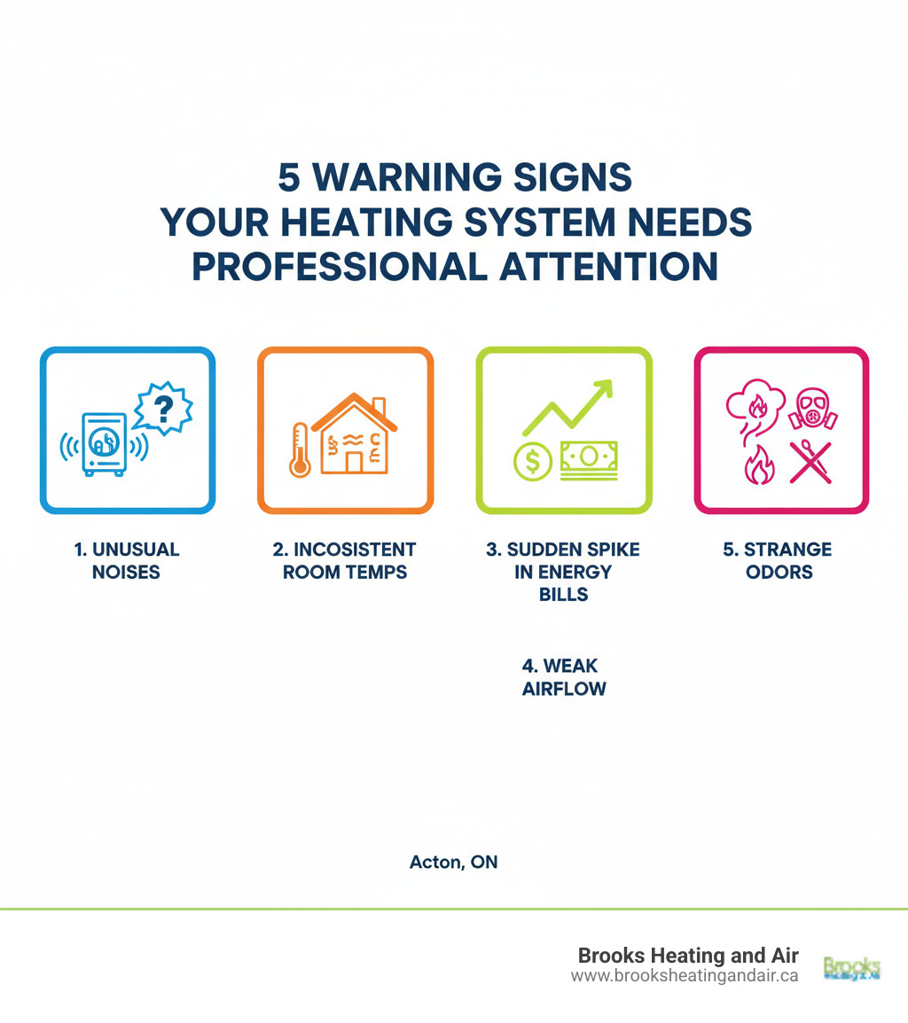 Infographic showing 5 warning signs your heating system needs immediate professional attention: unusual noises from furnace, inconsistent room temperatures, sudden spike in energy bills, weak airflow from vents, and strange burning or gas odors - heating repair acton on infographic 