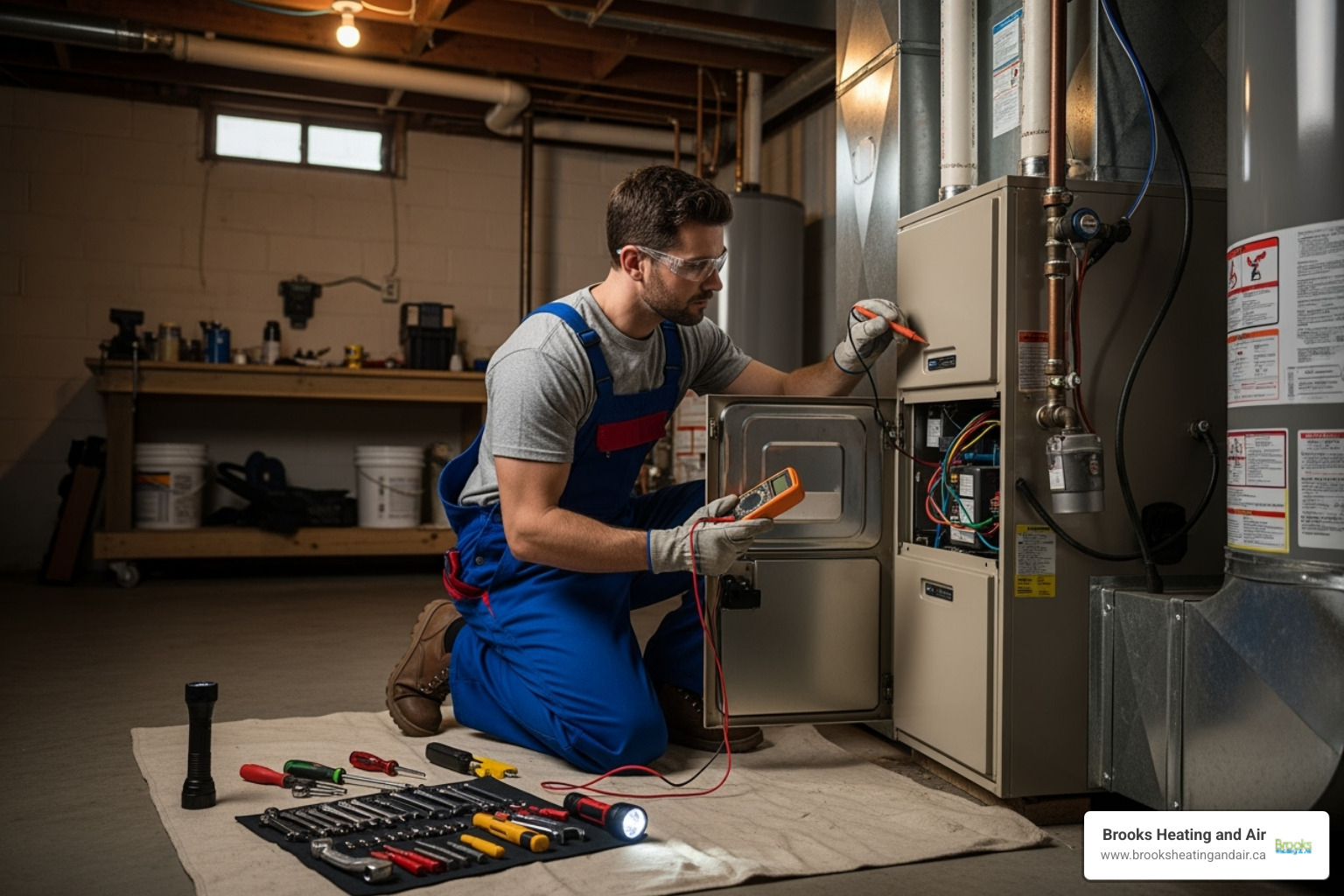 a technician performing a maintenance check-up on a heating system - heating repair acton on