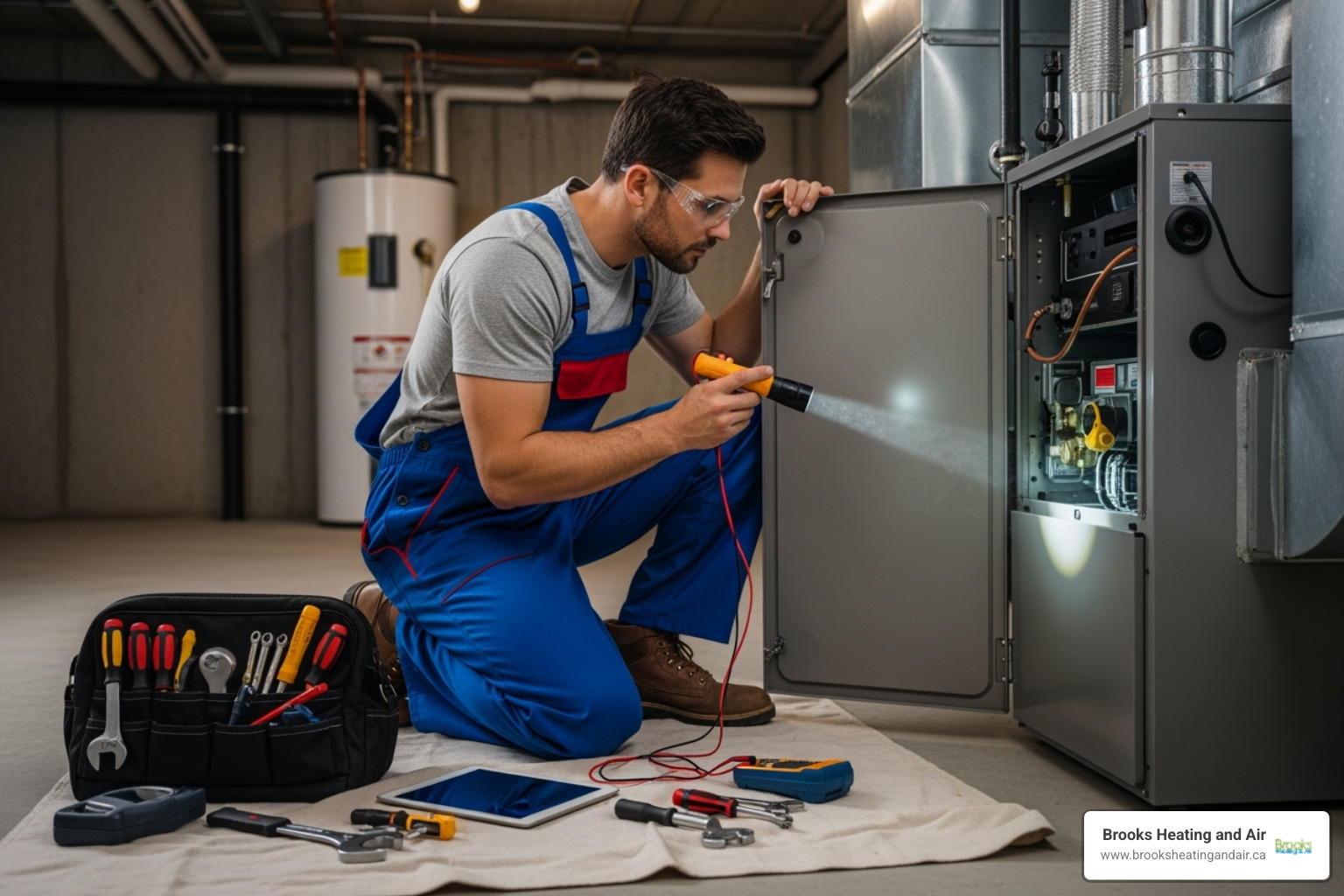 a professional technician carefully inspecting a furnace unit - heating repair acton on