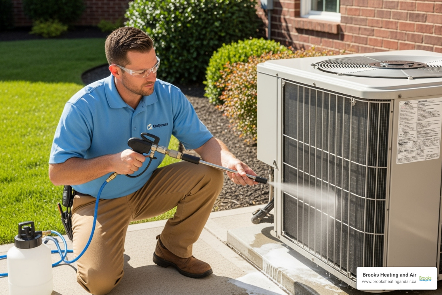 a technician cleaning an air conditioner's condenser coils - annual hvac maintenance ontario