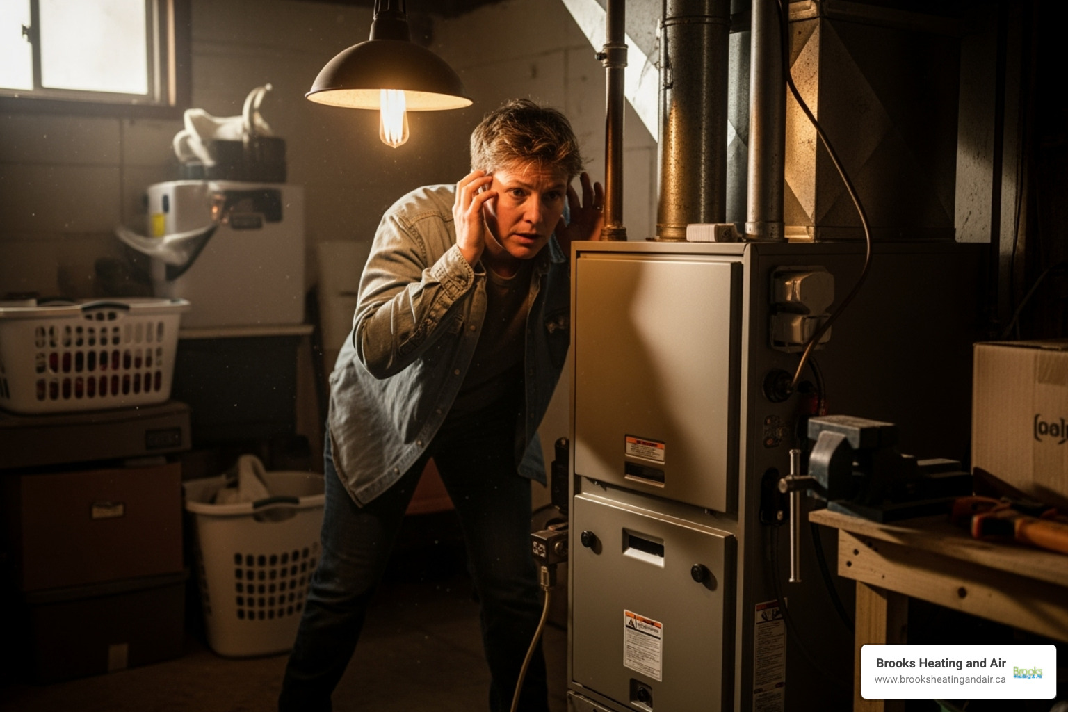 a homeowner looking concerned at a noisy furnace - annual hvac maintenance ontario