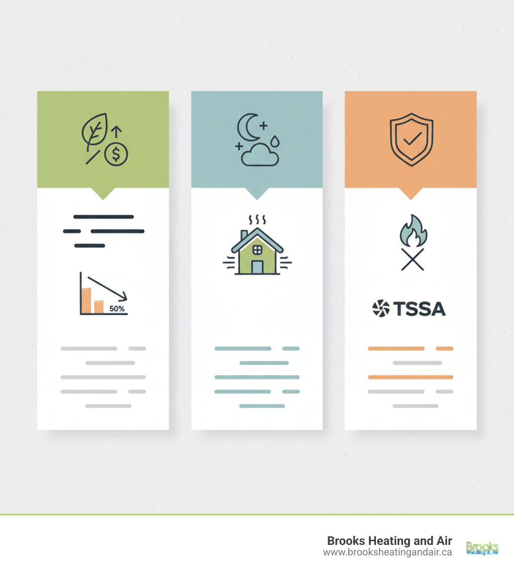 Infographic showing the key benefits of a new heating system installation: Improved Energy Efficiency (up to 50% reduction in energy costs with high-efficiency models), Enhanced Home Comfort (consistent temperatures in every room, quiet operation, better humidity control), and Increased Safety (modern systems with advanced safety features, reduced carbon monoxide risks, compliance with current TSSA regulations) - heating installation halton hills on infographic 