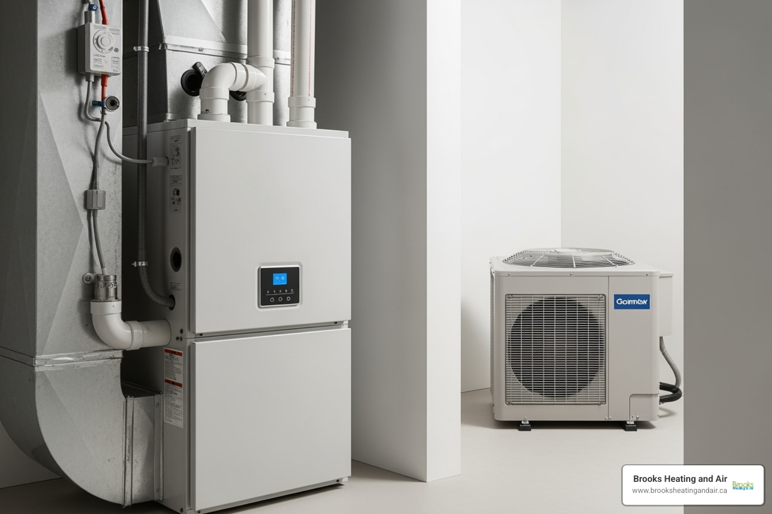 Image of a modern high-efficiency furnace next to an air-source heat pump unit - heating installation halton hills on