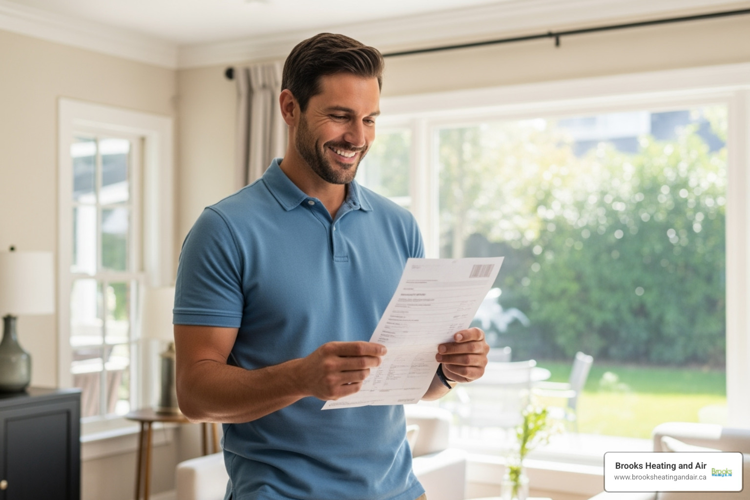 Image of a homeowner smiling while looking at an energy bill - heating installation halton hills on