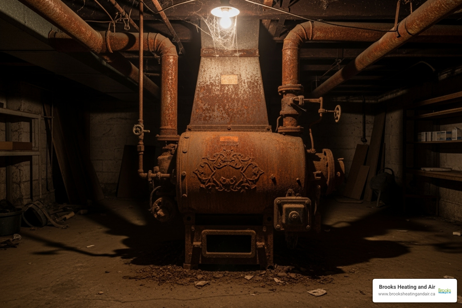 Image of an old, rusty furnace in a basement - heating installation halton hills on