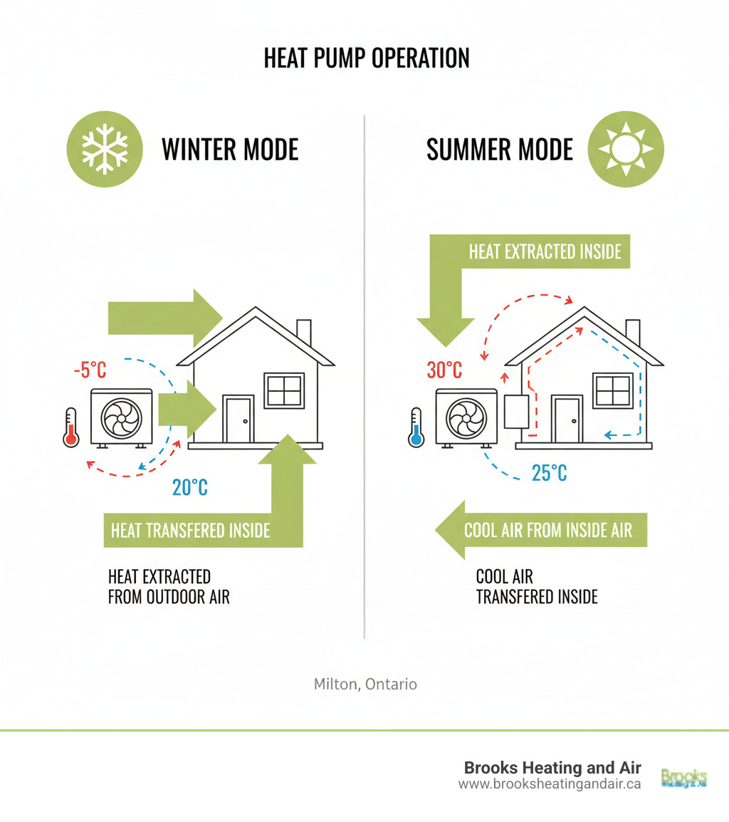 Infographic showing heat pump operation: in winter mode, heat is extracted from outdoor air and transferred inside; in summer mode, the process reverses to cool the home. Includes arrows showing refrigerant flow and temperature indicators for both seasons. - HVAC Heat Pump and Furnace Installation Cost In Milton, Ontario Canada infographic 